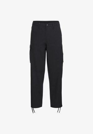 Schwarze Cargo-Hosen mit lockerer Passform, seitlichen Taschen, verstellbaren Kordeln am Saum und robuster Stofftextur.