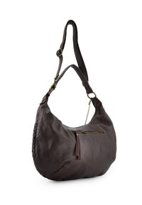 Brown leather shoulder bag with a slouchy shape, braided accents, and a front zip pocket. Features a long adjustable strap.