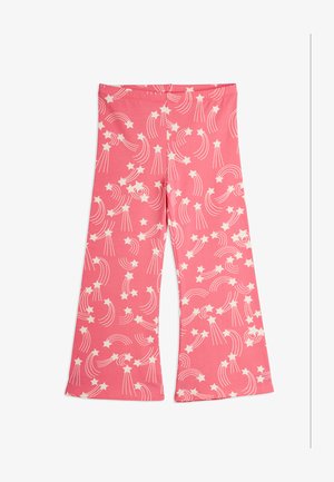 Pink wide-leg pants with white shooting star and rainbow patterns, elastic waistband, displayed flat on white background.