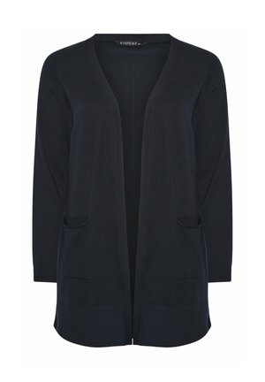 Zwarte lange mouw open-front cardigan met twee voorzakken en een geribbelde zoom, gemaakt van gebreide stof.