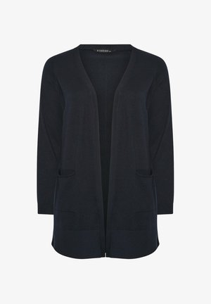 Cárdigan negro de manga larga con apertura frontal, dos bolsillos delanteros y un dobladillo acanalado, confeccionado en tejido de punto.