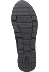 Zwarte rubberen schoenzool met horizontale en verticale loopvlakken. Beschikt over een gegraveerd oppervlak en een logo op het hielgebied.