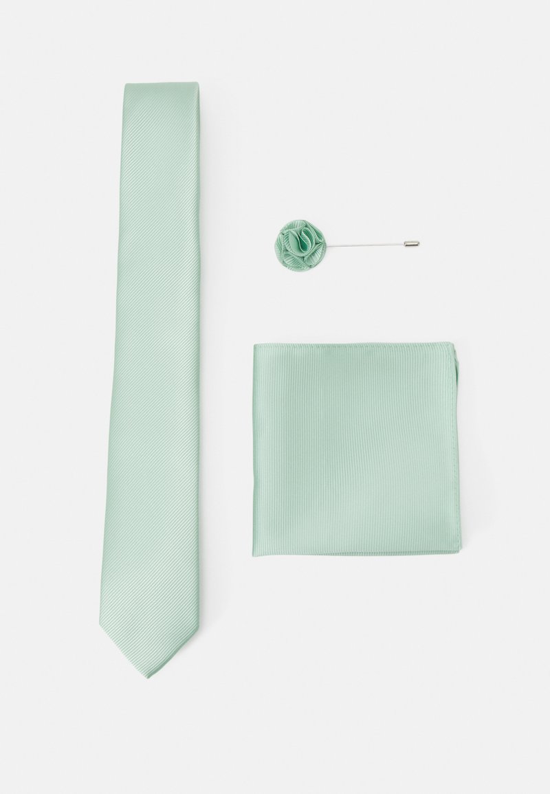 Mint green tie with diagonal texture, matching pocket square, decorative flower pin, and metal clasp, all in coordinating colors.