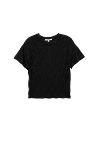 Czarny t-shirt z krótkim rękawem, z teksturowanym wzorem fal, okrągłym dekoltem i luźnym krojem z krótkim dołem. Miękka tekstura materiału.