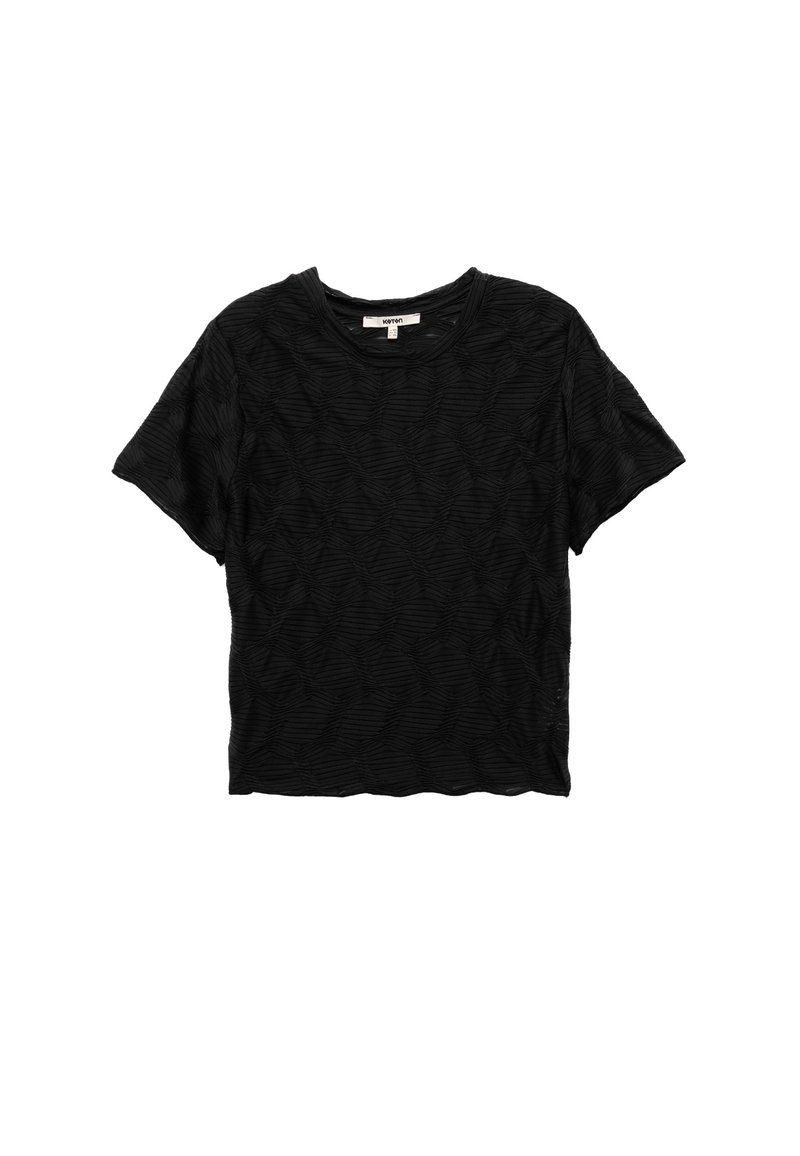 Czarny t-shirt z krótkim rękawem, z teksturowanym wzorem fal, okrągłym dekoltem i luźnym krojem z krótkim dołem. Miękka tekstura materiału.