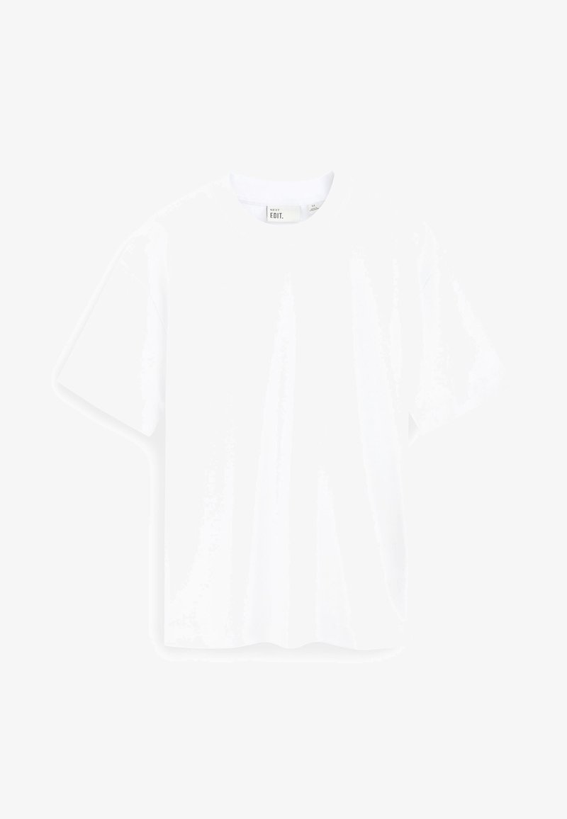 Korte mouwen witte t-shirt van katoen, met een ronde hals, een ontspannen pasvorm en een gladde textuur zonder zichtbare patronen of accenten.