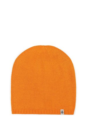 Orange knit beanie hat with a smooth texture, tapered shape, and a small branded tag on the hem. Even color with no patterns or accents.