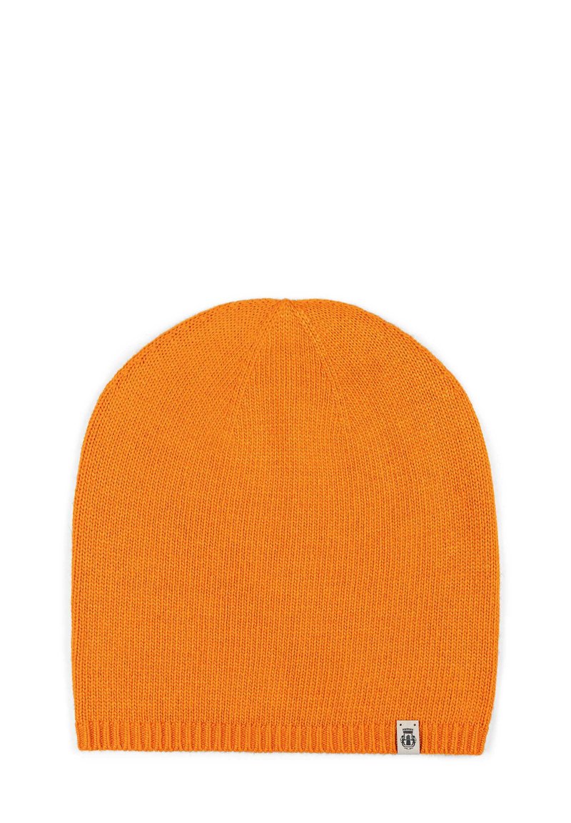 Orange knit beanie hat with a smooth texture, tapered shape, and a small branded tag on the hem. Even color with no patterns or accents.