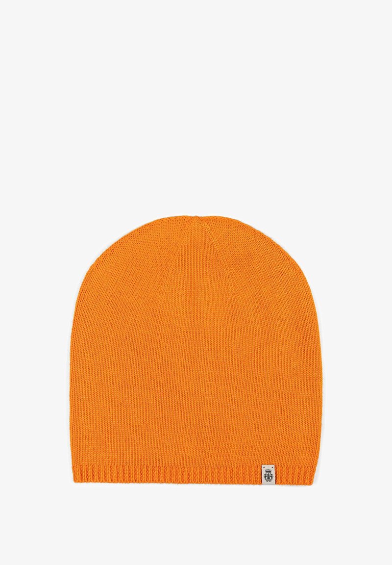 Orange knit beanie hat with a smooth texture, tapered shape, and a small branded tag on the hem. Even color with no patterns or accents.
