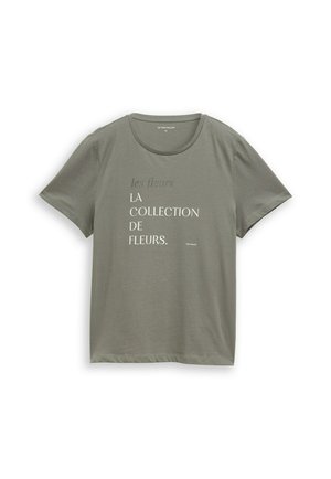 Olivgrünes Baumwoll-T-Shirt mit kurzen Ärmeln und rundem Ausschnitt, bedruckt mit dem Text „les fleurs LA COLLECTION DE FLEURS.“