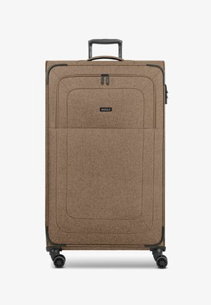 Large brown suitcase made of fabric with a textured pattern, featuring two zippers, a front pocket, and four wheels for mobility.