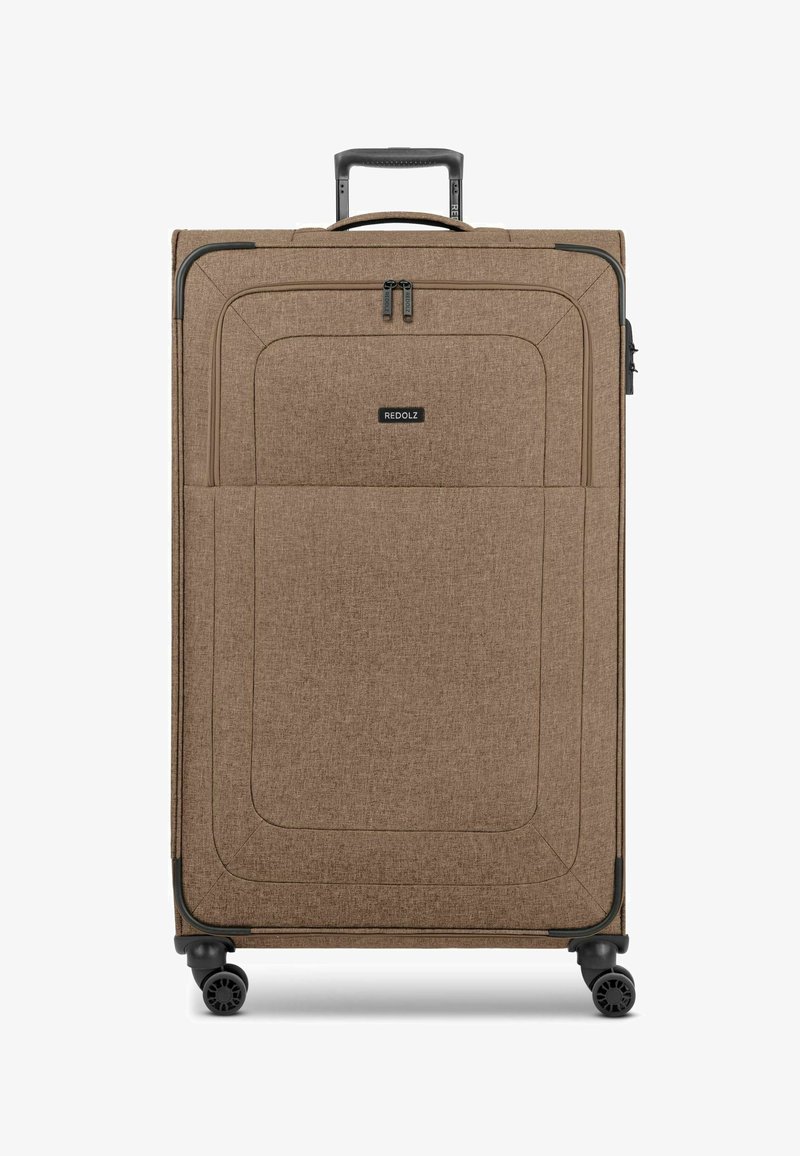 Grande valigia marrone in tessuto con un motivo texturizzato, dotata di due cerniere, una tasca frontale e quattro ruote per la mobilità.
