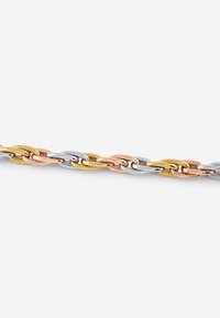 Multikleurige schakelarmband samengesteld uit onderling verbonden zilveren, gouden en roségouden metalen schakels, met een gepolijste afwerking en een gladde textuur.