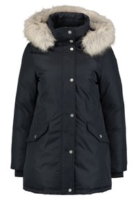 Dunkelblaue isolierte Parka mit Kunstfellbesatz, hohem Kragen, Druckknöpfen und zwei Vorderaschen. Verfügt über gerippte Bündchen für zusätzliche Wärme.