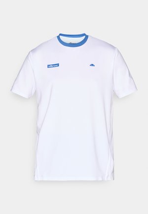 White short-sleeve t-shirt with blue collar, blue ellesse logo on left chest, and blue brand name on right chest.