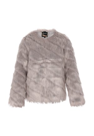 Jachetă din blană artificială gri, cu mâneci lungi, având o suprafață moale, texturată și un model orizontal. Gât rotund, fără închidere.