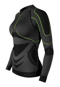 Langärmeliges Sportshirt in Schwarz mit grünen Akzenten. Verfügt über strukturierte Schulterbereiche und gerippte Muster auf Brust und Armen.