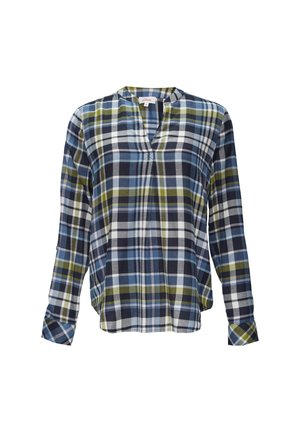 Blusa in blu, verde e bianco a quadri, tessuto leggero, scollatura a V, maniche lunghe e vestibilità comoda.