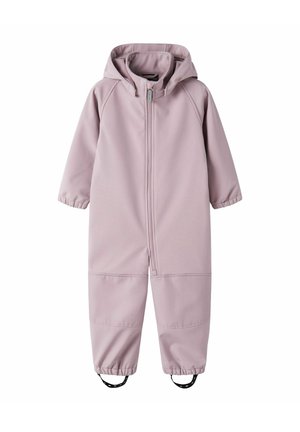 Combinaison de neige à capuche une pièce pour tout-petit, violet clair, avec fermeture éclair à l'avant et poignets élastiques aux manches et aux jambes avec sangles pour les pieds.