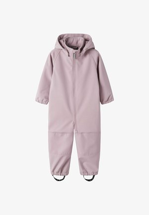 Combinaison de neige à capuche une pièce pour tout-petit, violet clair, avec fermeture éclair à l'avant et poignets élastiques aux manches et aux jambes avec sangles pour les pieds.