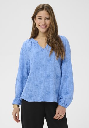 Młoda kobieta o długich brązowych włosach, ubrana w niebieską, kwiatową, teksturowaną bluzkę z długim rękawem i czarne spodnie, uśmiechająca się do kamery.