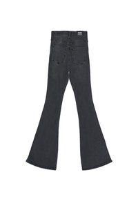 Musta leveälahkeinen farkkuhousu, joka on valmistettu denimi materiaalista. Housuissa on korkea vyötärö, kaksi takataskua ja sileä, hieman joustava pinta.