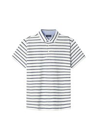 Polo bianco con righe orizzontali blu navy. Tessuto morbido, maniche corte, colletto classico, pattina con tre bottoni e colletto interno a righe.