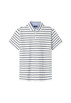 Biała koszulka polo w granatowe poziome paseczki. Miękka tkanina, krótkie rękawy, klasyczny kołnierzyk, zapięcie na trzy guziki i wzmocniony paskiem wewnątrz kołnierzyka.