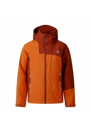 Tweekleurig oranje en roestkleurig waterdicht jack met capuchon, volledige voorrits, ritssluiting aan de zijkanten en verstelbare manchetten.