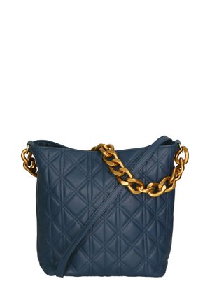 Sac à main en cuir bleu matelassé avec un design diagonal, doté d'une chaîne dorée épaisse et d'une bandoulière amovible pour des options de transport polyvalentes.