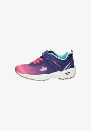 Purple and pink athletic shoe with a mesh upper, hook-and-loop strap, and textured rubber sole. Features a light blue lining and decorative accents.