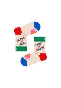 Barevné ponožky s krémovým podkladem, červenými a modrými akcenty a hravým textem "TAKE IT EASY!" s grafikou šneka a zelenými pruhy.