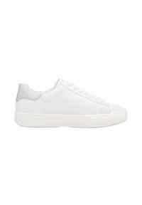 White leather sneaker with a smooth finish, rounded toe, and laced front. Silver accent at the heel and textured rubber sole.