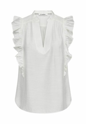 Biela blúzka bez rukávov s volánmi na pleciach a výstrihom do V so zhrnutou látkou pri golieri.