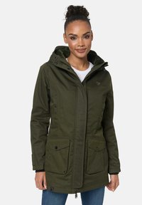 Olive green parka jacket featuring a hood, front zipper, and two large buttoned pockets. Made of durable material with textured finish.