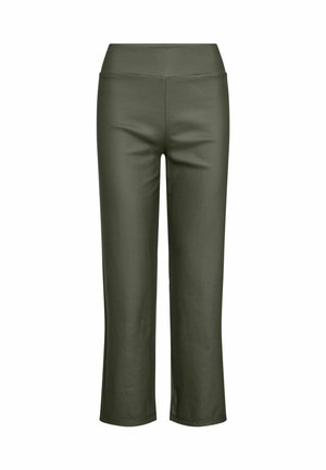 Pantalons stretch vert olive avec une taille ajustée, longueur cropped, texture lisse et fentes sur les côtés à l'ourlet.