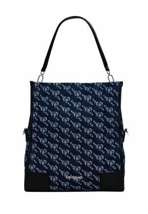 Blue denim tote bag featuring a pattern of light blue hearts, black leather accents, and a single shoulder strap with silver hardware.
