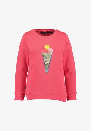 Różowa bawełniana bluza z nadrukiem stożka zdobionym cekinami oraz aplikacjami kwiatów w kolorach żółtym, różowym i białym na przodzie. Ściągacze na rękawach.