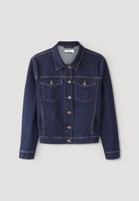 Mörkblå denimjacka med en klassisk design, som har knapprad framtill, två bröstfickor och kontrasterande sömmar.