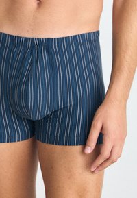 Boxers com riscas azul marinho, apresentando uma cintura elástica e suave, assim como um design ajustado. Riscas verticais em azul claro e creme.
