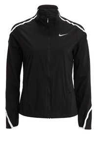 Veste zippée noire Nike avec des bandes blanches le long des épaules et des manches, avec col montant et logo Nike swoosh sur la poitrine.