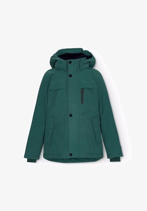 Grüne Kapuzenjacke aus strukturiertem Material, mit einer Reißverschlusstasche auf der Brust, zwei Seitentaschen und Knopfverschluss auf der Vorderseite.
