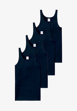 Firemarine blå tanktoppe er arrangeret i en række. De har en ribbet halskant og ærmegab, lavet af et glat, letvægtsstof.