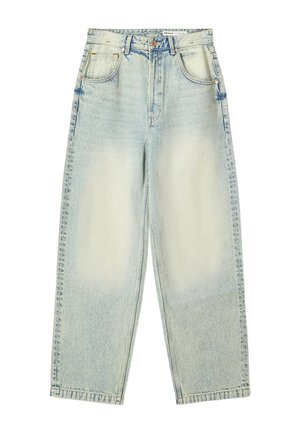 Light blue, high-waisted jeans with a loose fit, featuring faded patches and subtle whiskering. Classic five-pocket design with a button fly.