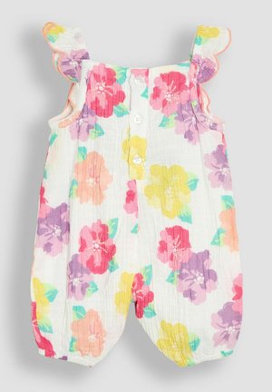 Salopetă florală pentru copii, albă, cu flori roz, galbene și mov. Are bretele cu volane și închidere cu nasturi în față.