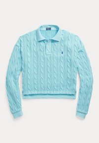 Maglione corto lavorato a maglia a trecce di colore azzurro chiaro, con colletto a polo, maniche lunghe e un piccolo logo sul petto. Tessuto morbido e polsini a coste.
