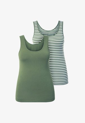 Zwei ärmellose Tanktops, eines einfarbig olivgrün und das andere olivgrün mit weißen horizontalen Streifen, auf weißem Hintergrund dargestellt.