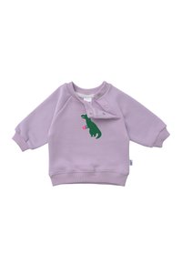 Lila Sweatshirt aus weichem Material mit rundem Halsausschnitt, langen Ärmeln und Druckknopfdetails. Mit einem grünen Dinosaurier-Motiv, der ein pinkes Herz hält.