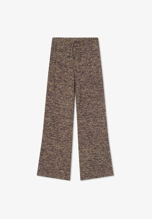 Wijdvallende broek van een gestructureerde, donkerpaarse en beige gemengd stof. Voorzien van een trekking waist en geen verdere details.