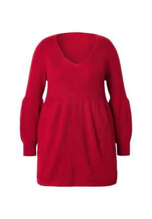 Red knit sweater with a deep V-neck, long sleeves, and a relaxed fit. Textured ribbed design with a flared bottom hem.